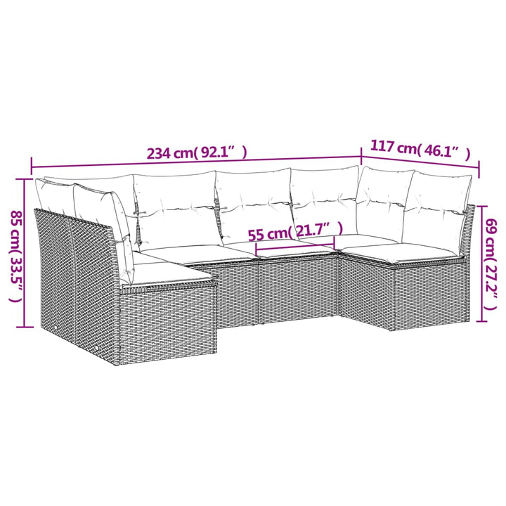 sofasæt til haven 6 dele med hynder polyrattan brun