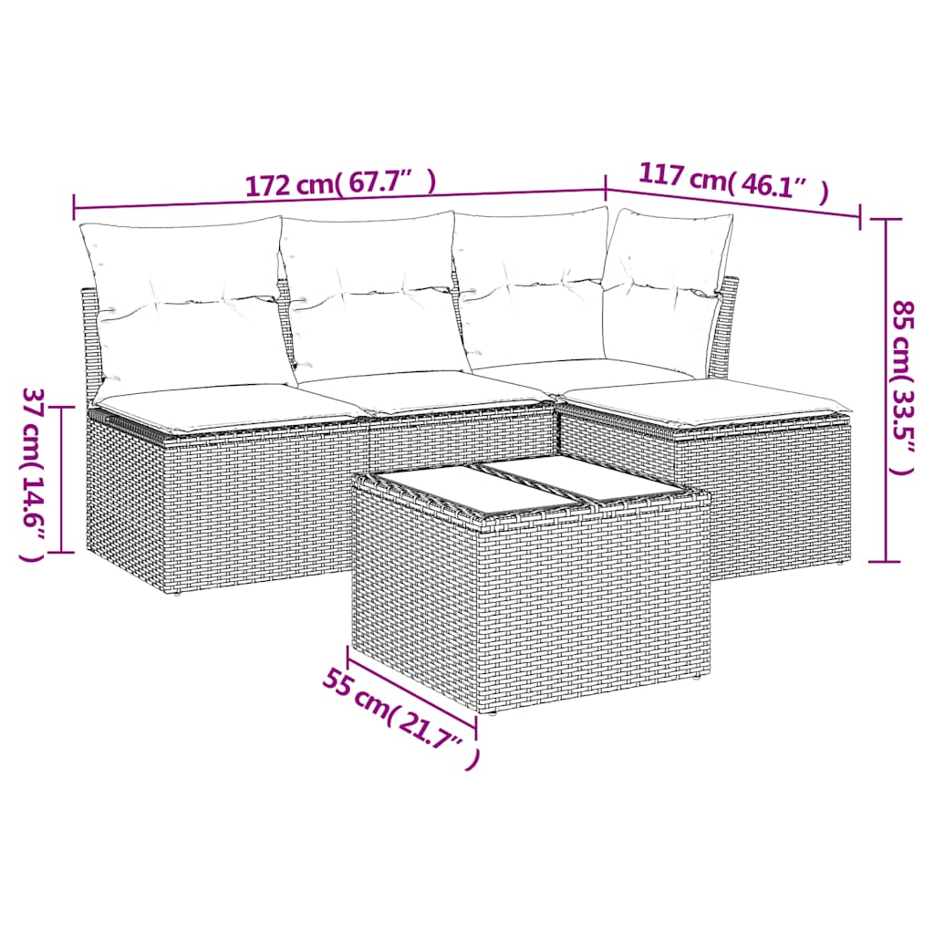 sofasæt 5 dele med hynder polyrattan lysegrå
