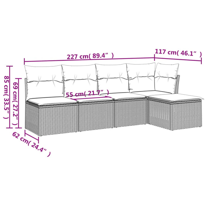 sofasæt 5 dele med hynder polyrattan lysegrå