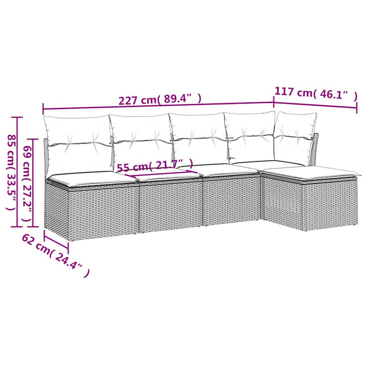 sofasæt 5 dele med hynder polyrattan lysegrå