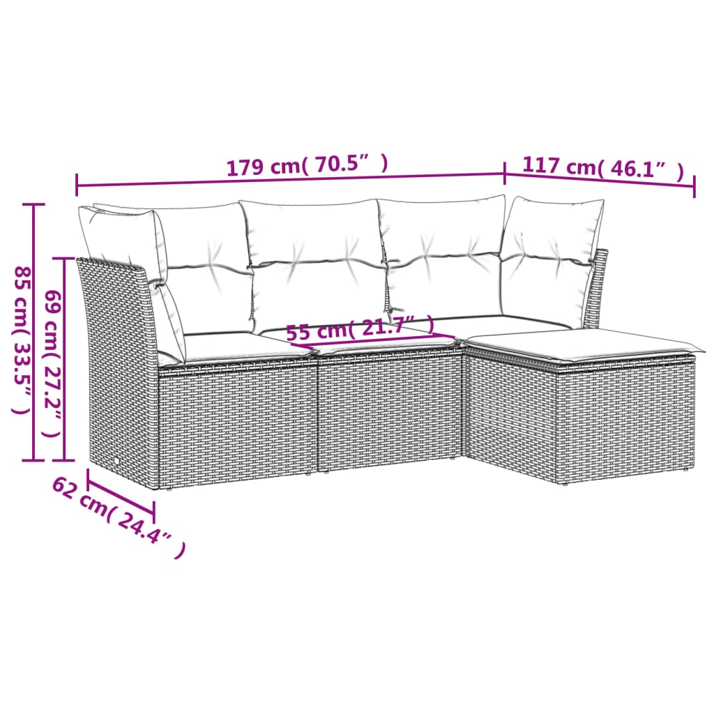 sofasæt til haven 4 dele med hynder polyrattan lysegrå