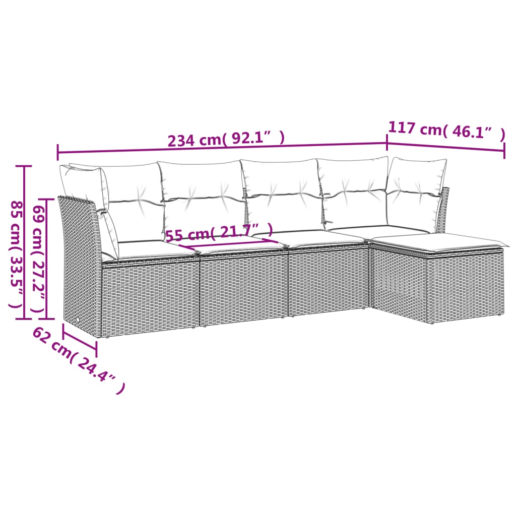 sofasæt til haven 5 dele med hynder polyrattan brun