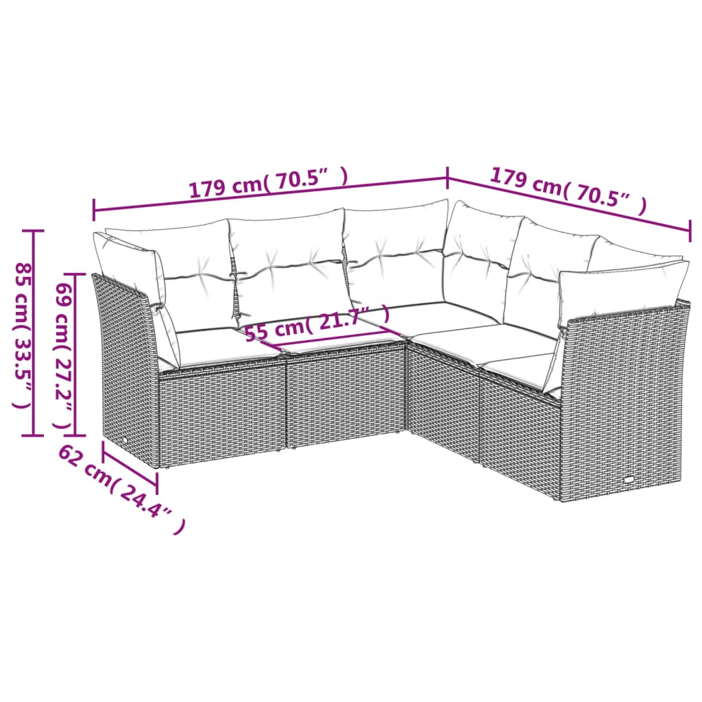 sofasæt 5 dele med hynder polyrattan lysegrå