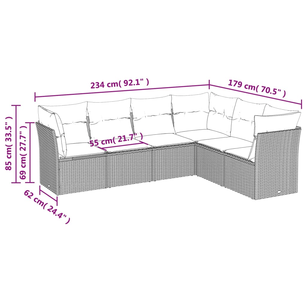 havesofasæt med 6 dele og hynder grå polyrattan