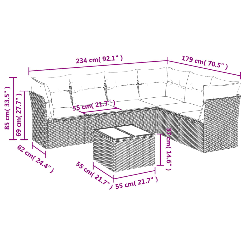 sofasæt til haven 7 dele med hynder polyrattan sort