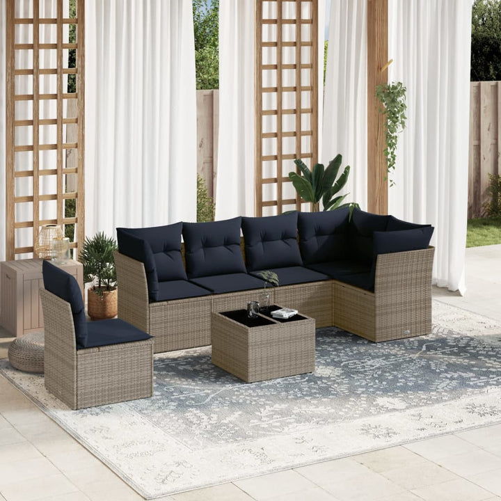 havesofasæt med 7 dele og hynder grå polyrattan