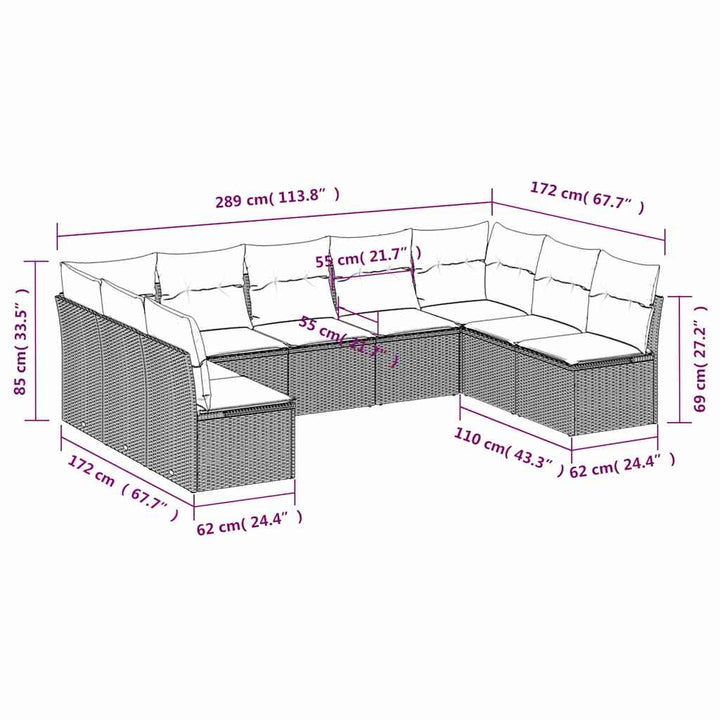 havesofasæt med 9 dele og hynder sort polyrattan