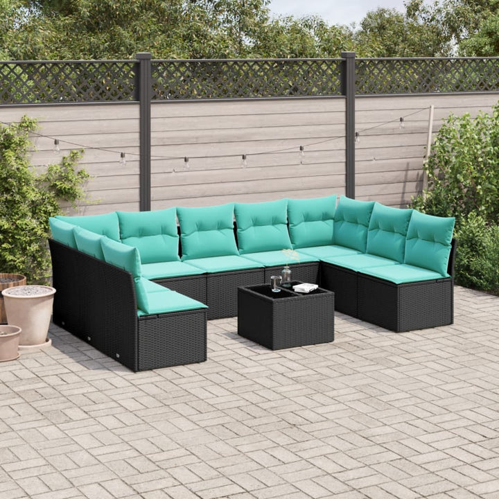 havesofasæt med 10 hynder sort polyrattan