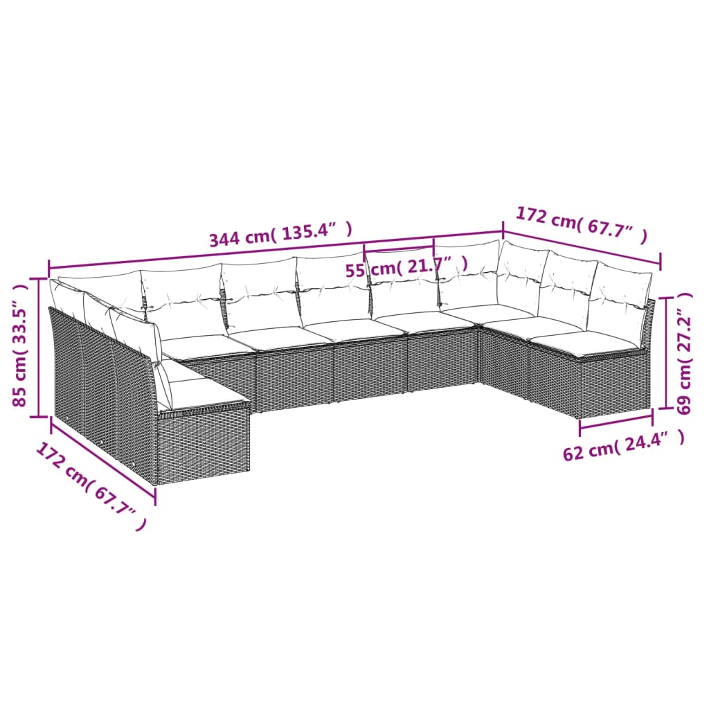 sofasæt til haven 10 dele med hynder polyrattan beige
