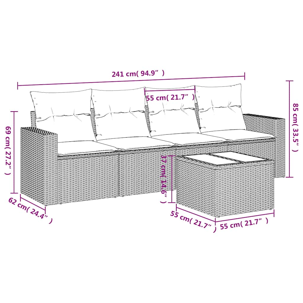 sofasæt til haven 5 dele med hynder polyrattan sort