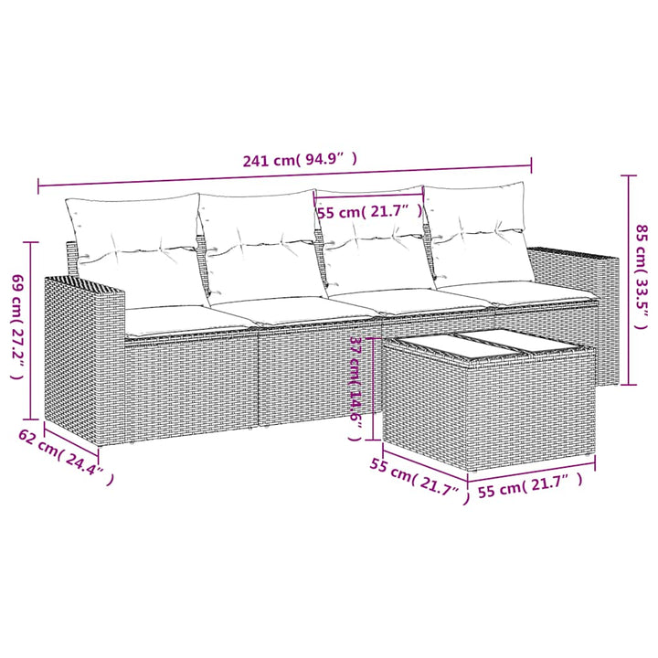 sofasæt 5 dele med hynder polyrattan lysegrå