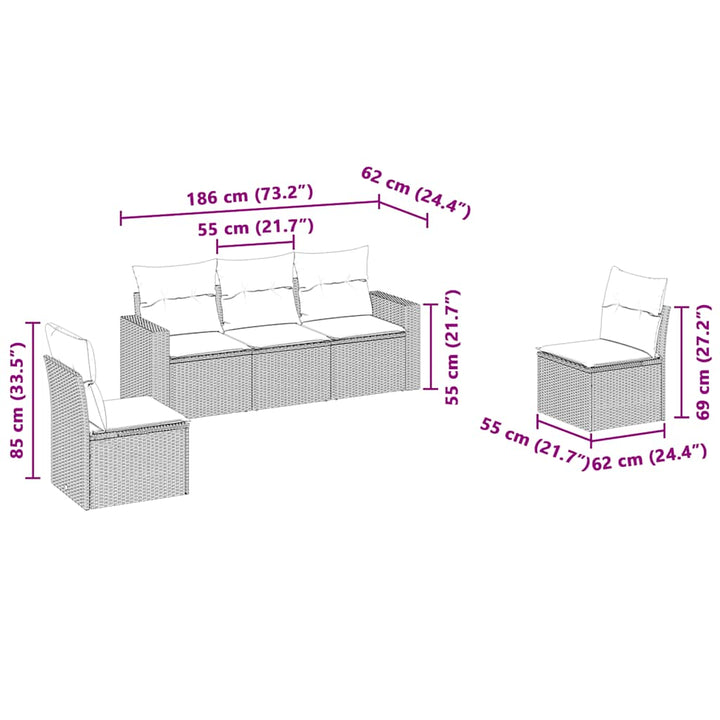 sofasæt 5 dele med hynder polyrattan lysegrå