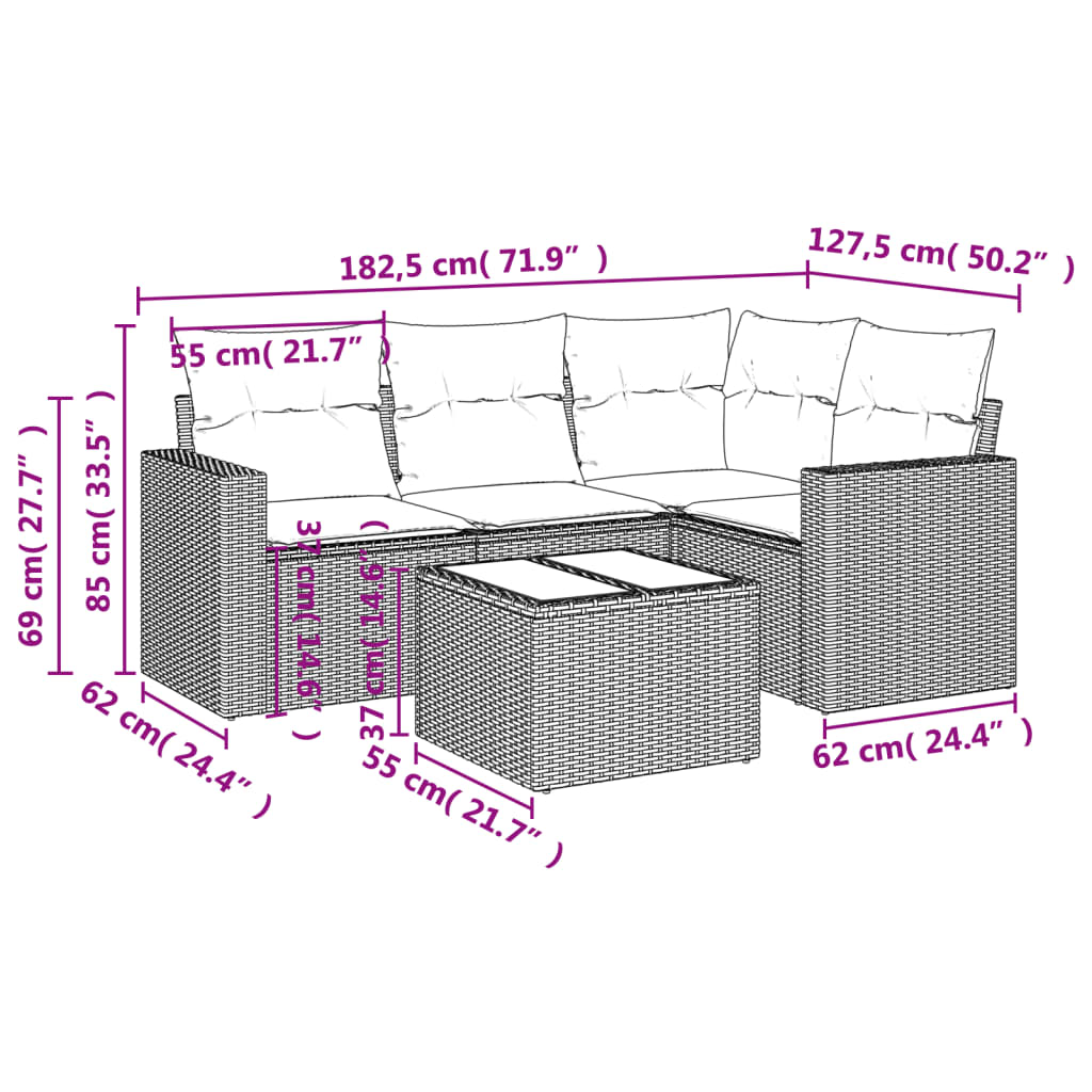 sofasæt til haven 5 dele med hynder polyrattan sort