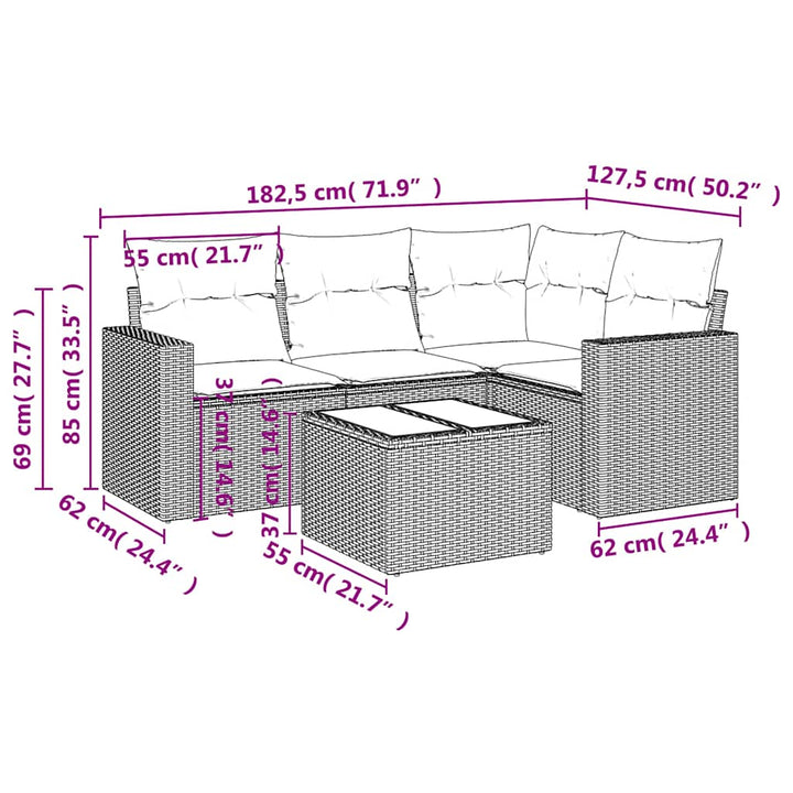 sofasæt 5 dele med hynder polyrattan lysegrå