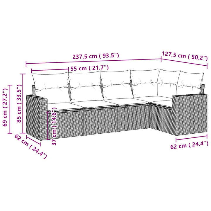 sofasæt 5 dele med hynder polyrattan lysegrå