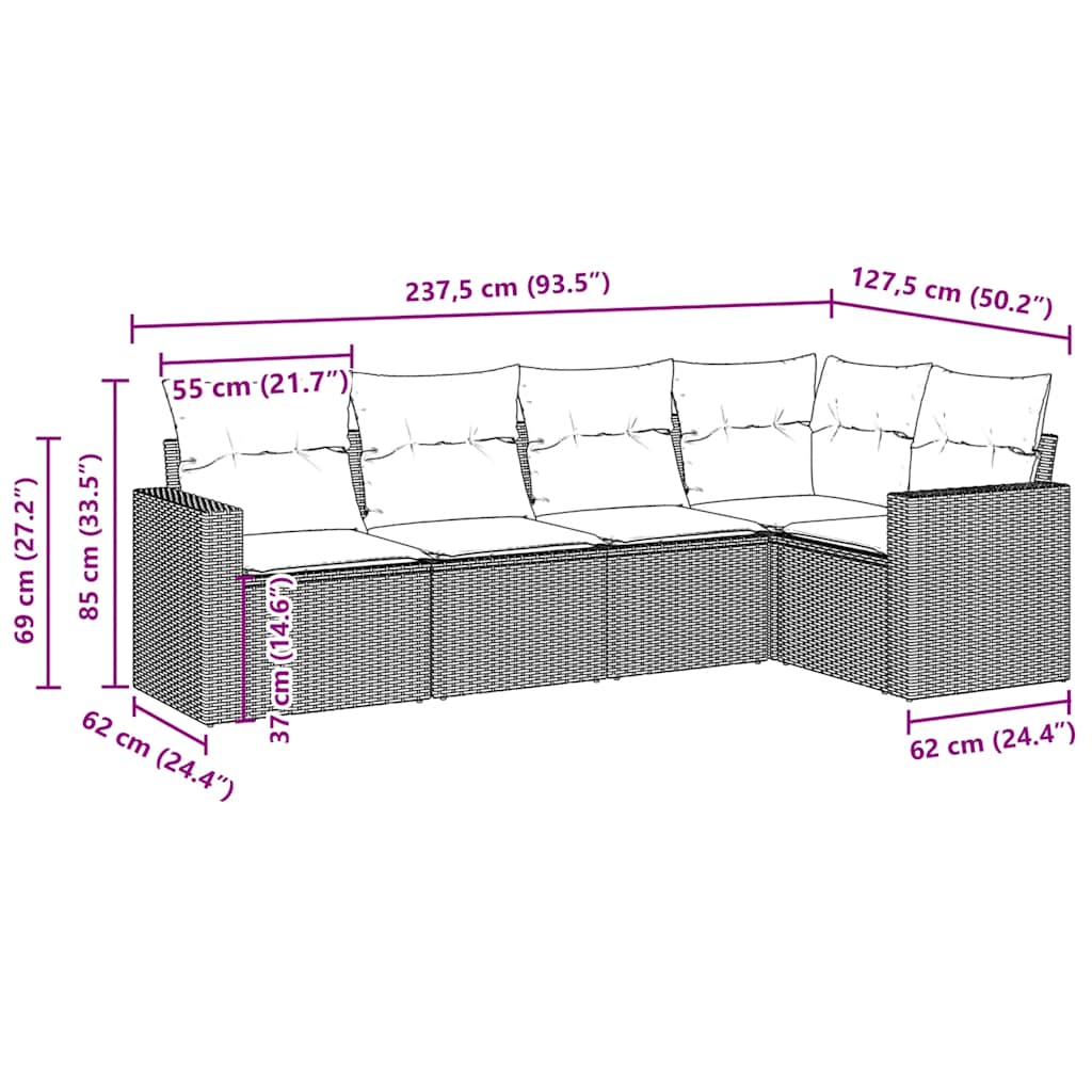 sofasæt til haven 5 dele med hynder polyrattan brun