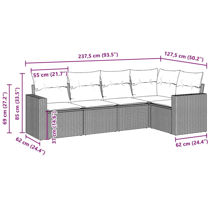 sofasæt til haven 5 dele med hynder polyrattan brun