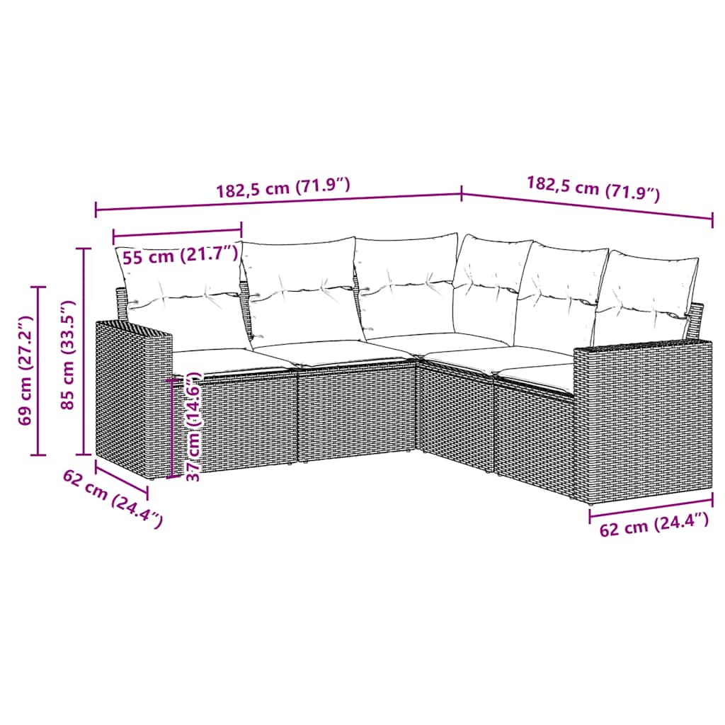 sofasæt til haven 5 dele med hynder polyrattan brun