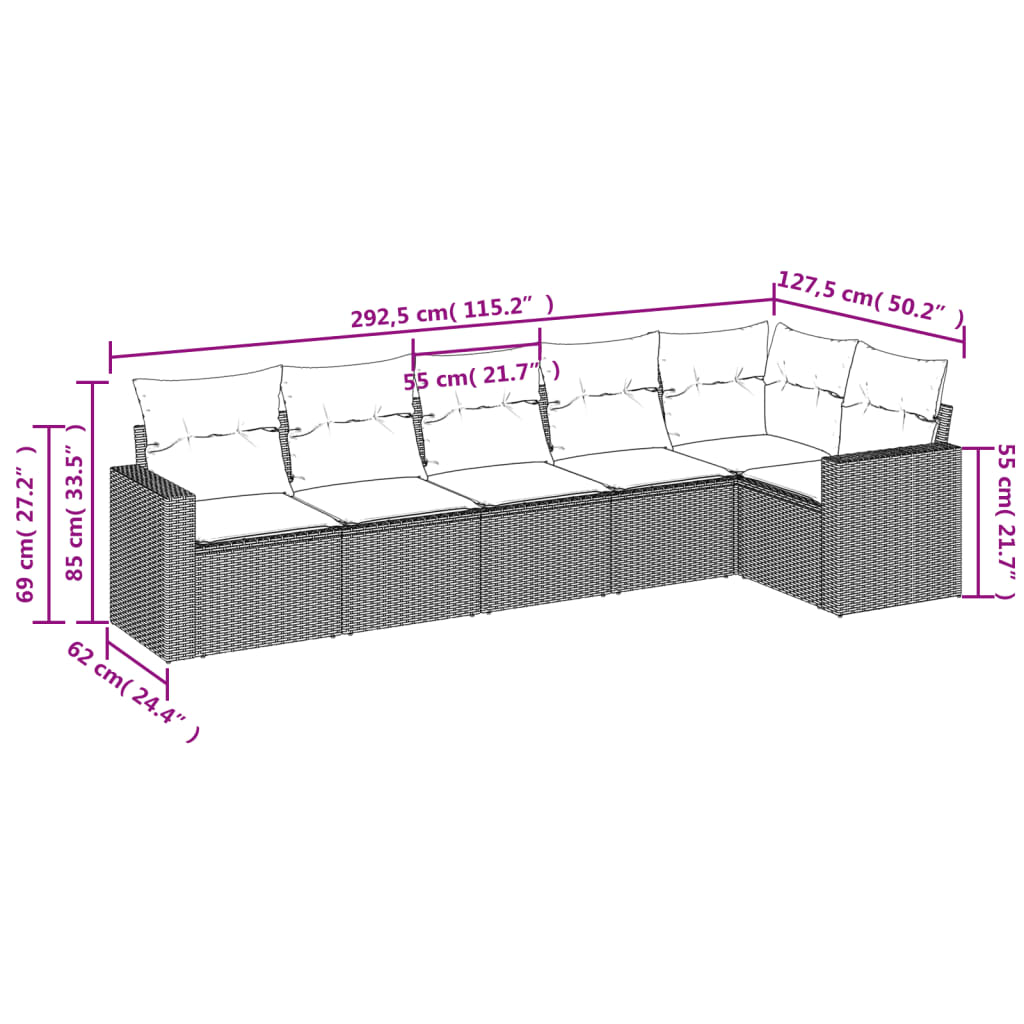 sofasæt til haven 6 dele med hynder polyrattan sort