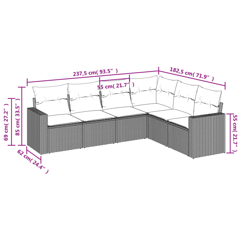 sofasæt til haven 6 dele med hynder polyrattan sort