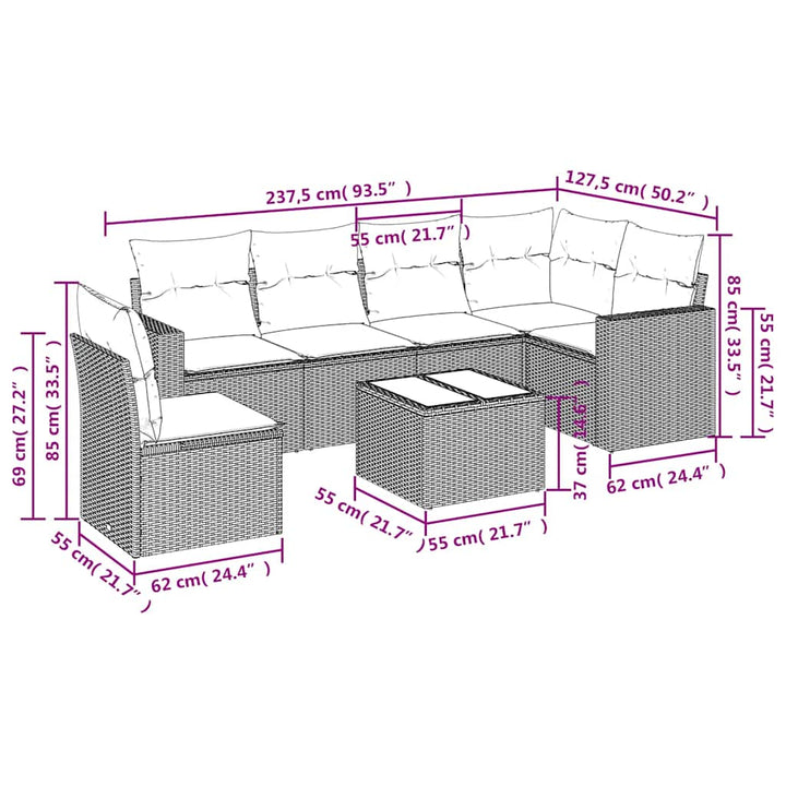 sofasæt til haven 7 dele med hynder polyrattan sort