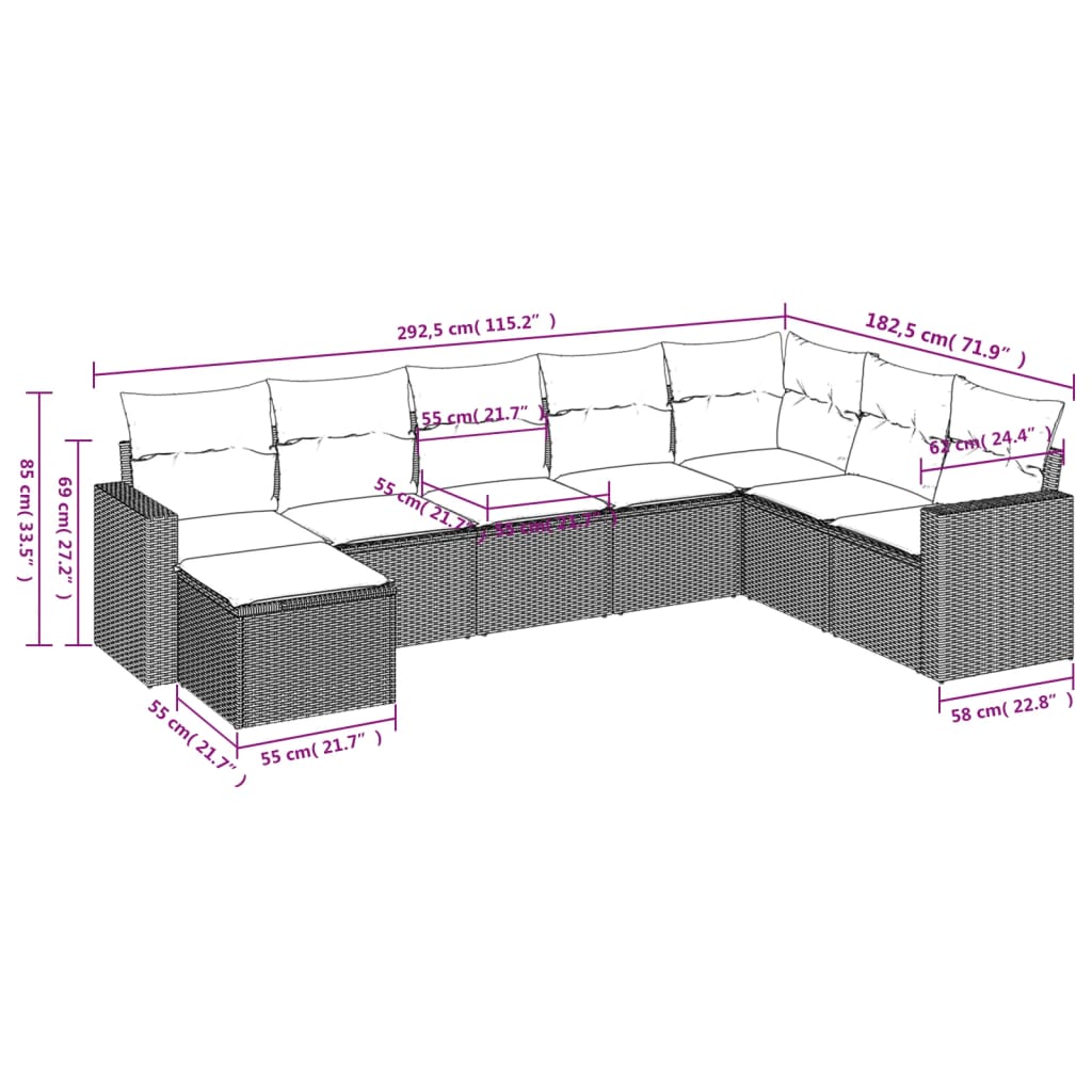 sofasæt til haven 8 dele med hynder polyrattan sort