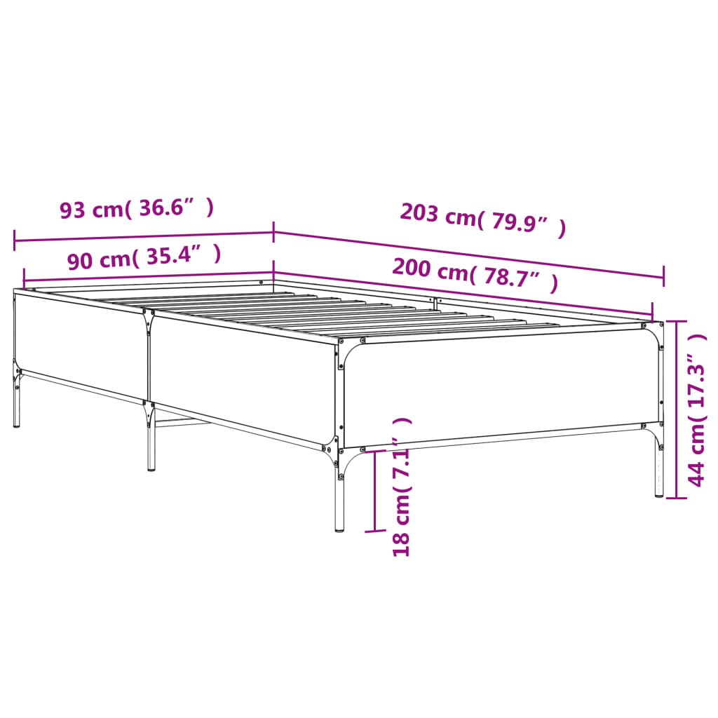 sengeramme 90x200 cm konstrueret træ og metal brun egetræsfarve
