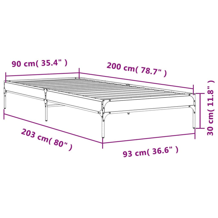 sengeramme 90x200 cm konstrueret træ og metal grå sonoma-eg