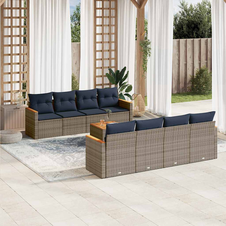 havesofasæt med 9 dele og hynder grå polyrattan