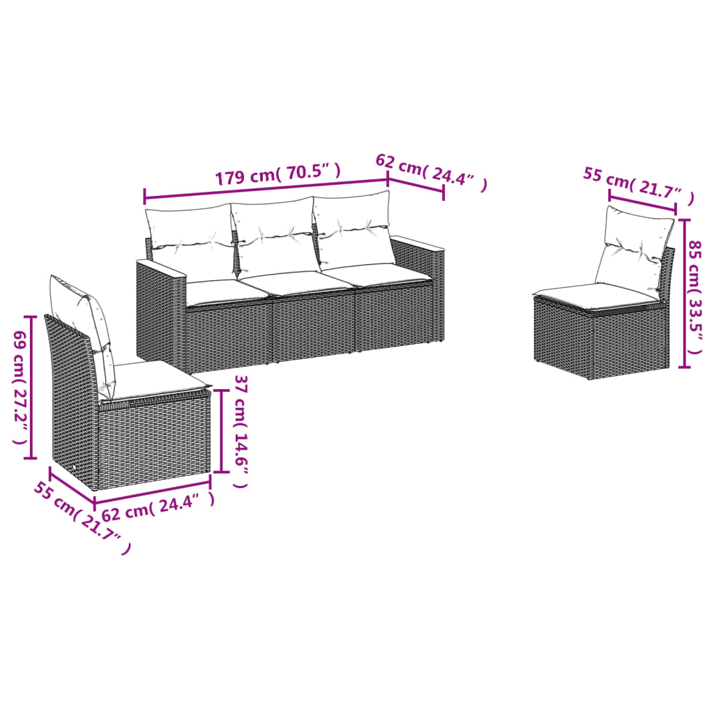 havesofasæt med 5 dele og hynder sort polyrattan