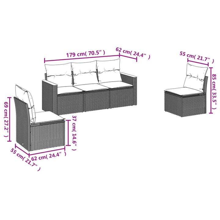 havesofasæt med 5 dele og hynder grå polyrattan