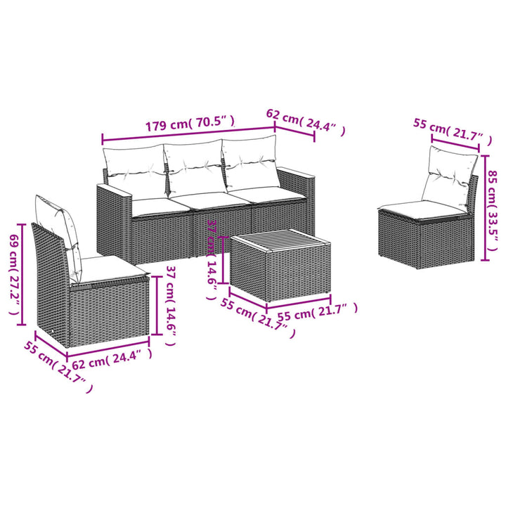 sofasæt til haven 6 dele med hynder polyrattan grå