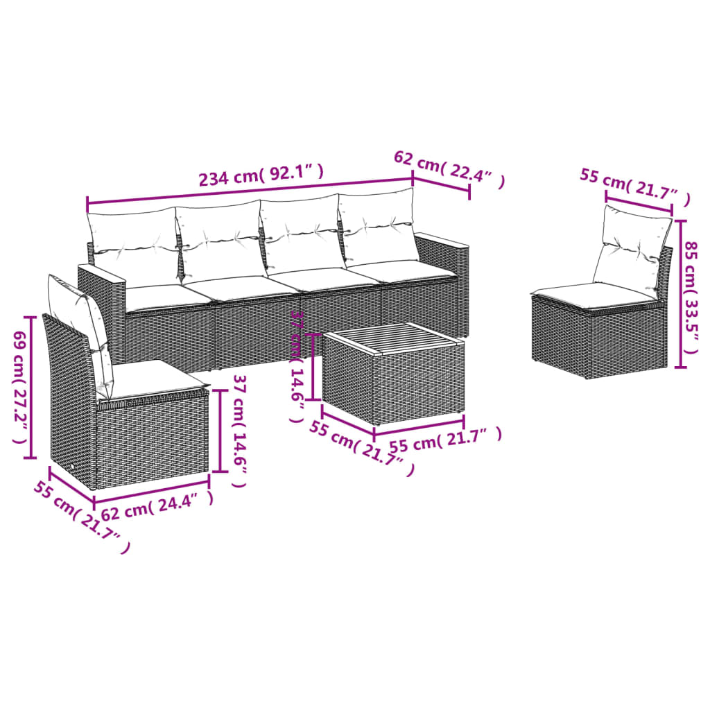 havesofasæt 7 dele med hynder polyrattan beige