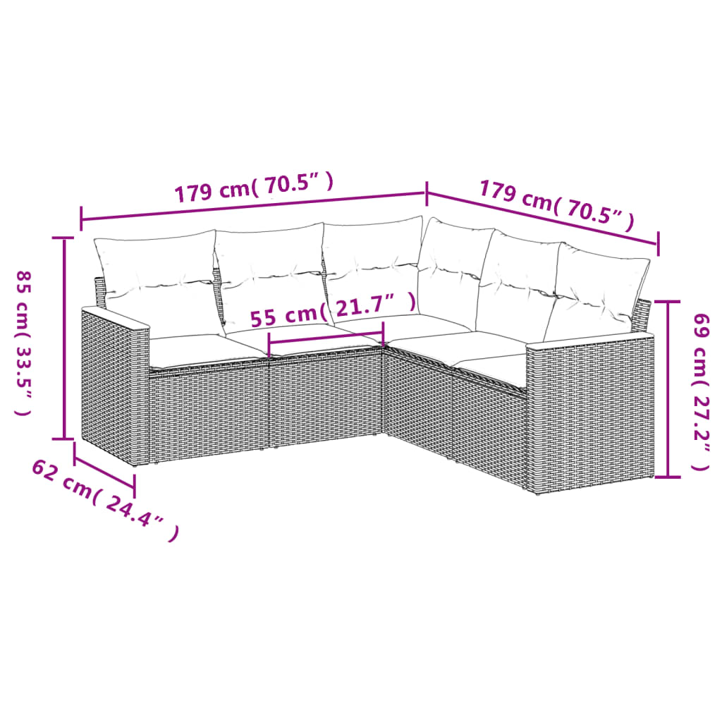 havesofasæt med 5 dele og hynder sort polyrattan