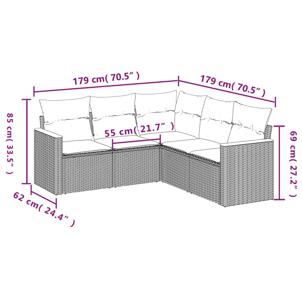 havesofasæt med 5 dele og hynder grå polyrattan