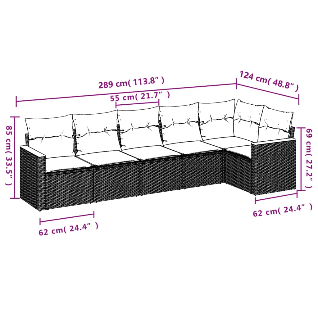 havesofasæt med 6 hynder sort polyrattan