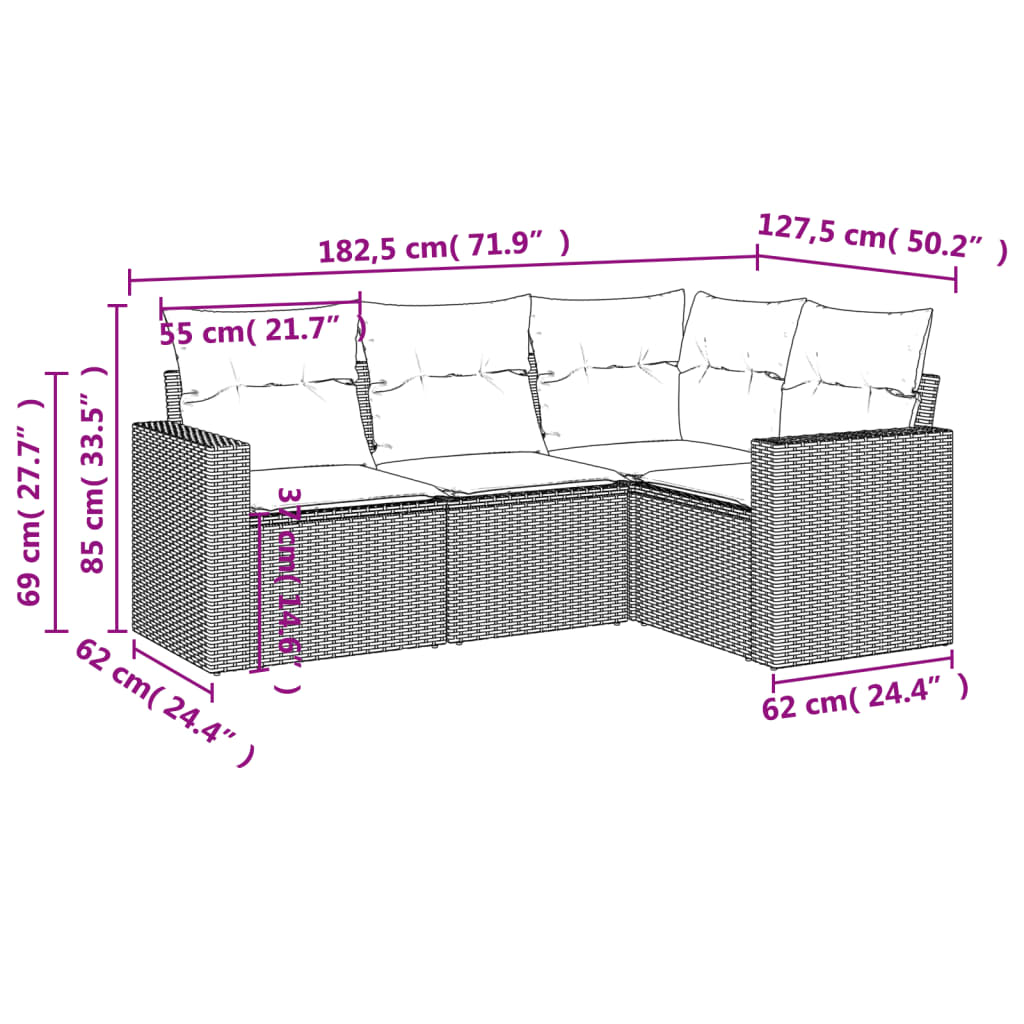 sofasæt til haven 4 dele med hynder polyrattan grå