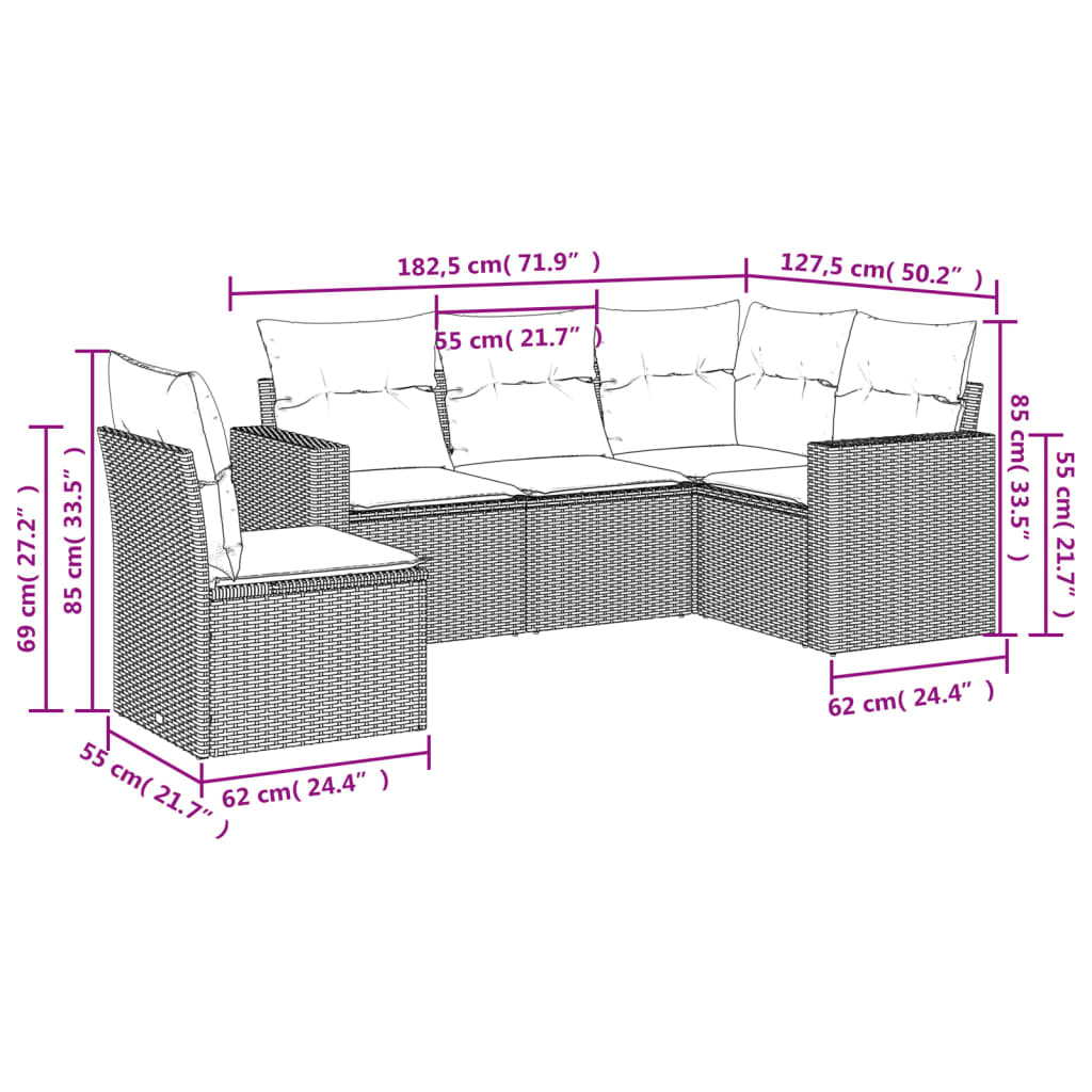 sofasæt 5 dele med hynder polyrattan lysegrå