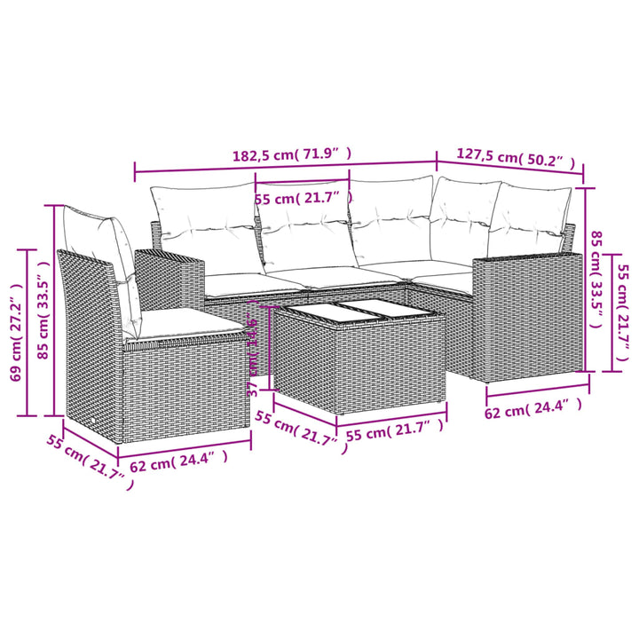 sofasæt til haven 6 dele med hynder polyrattan beige