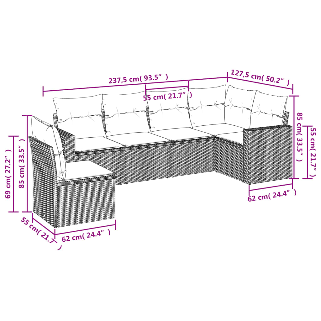 sofasæt til haven 6 dele med hynder polyrattan lysegrå