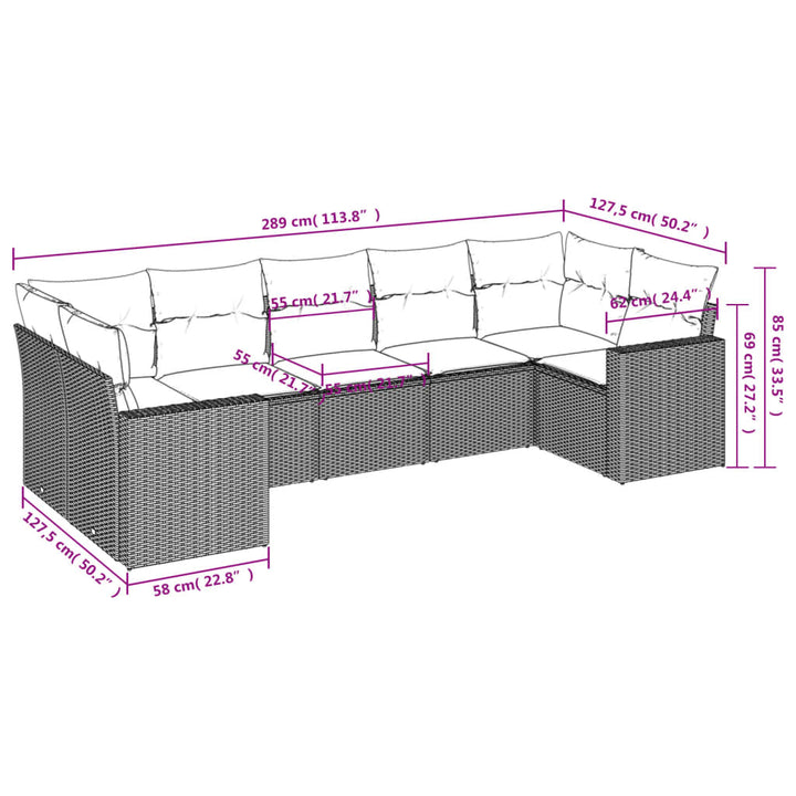 sofasæt til haven 7 dele med hynder polyrattan brun