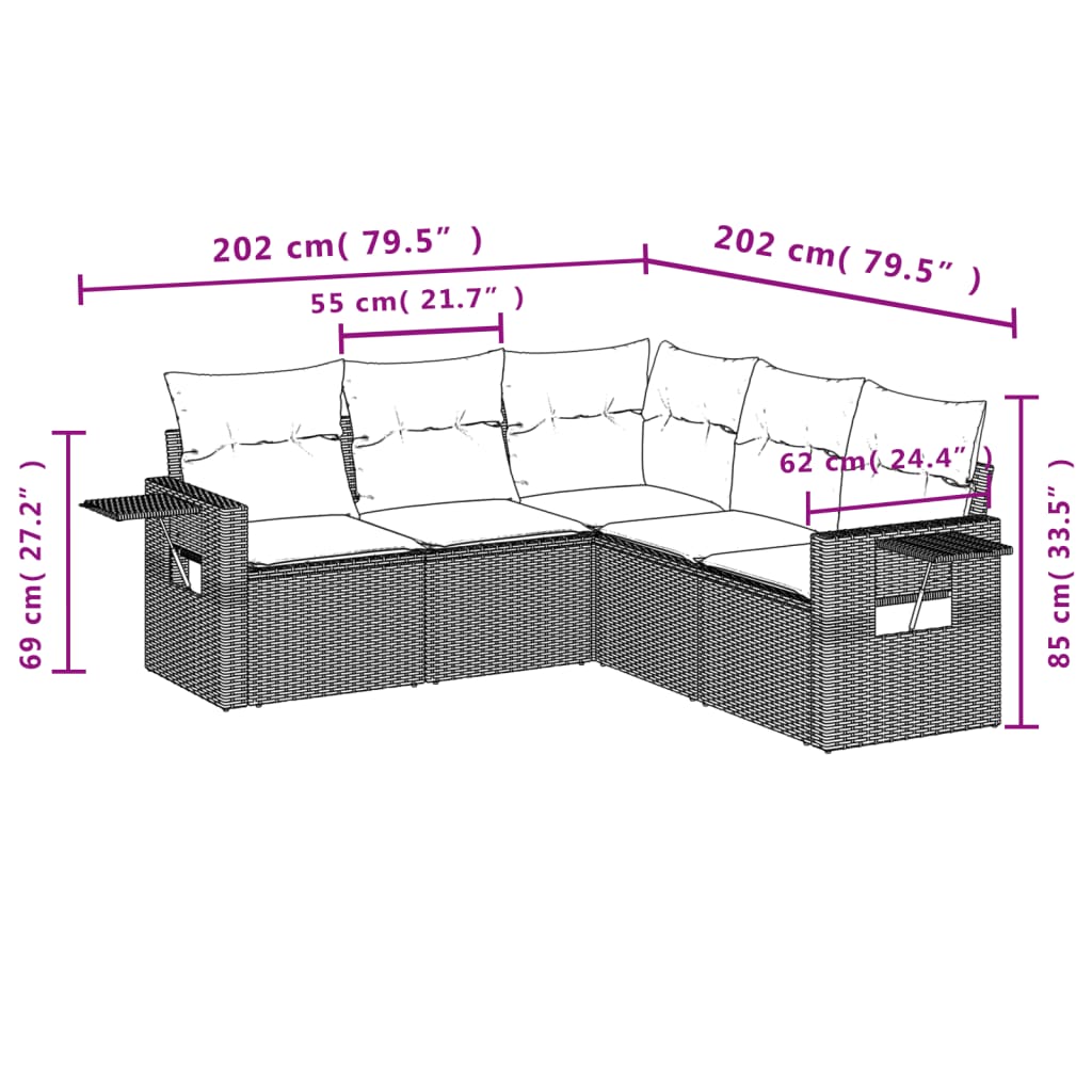 sofasæt 5 dele med hynder polyrattan grå
