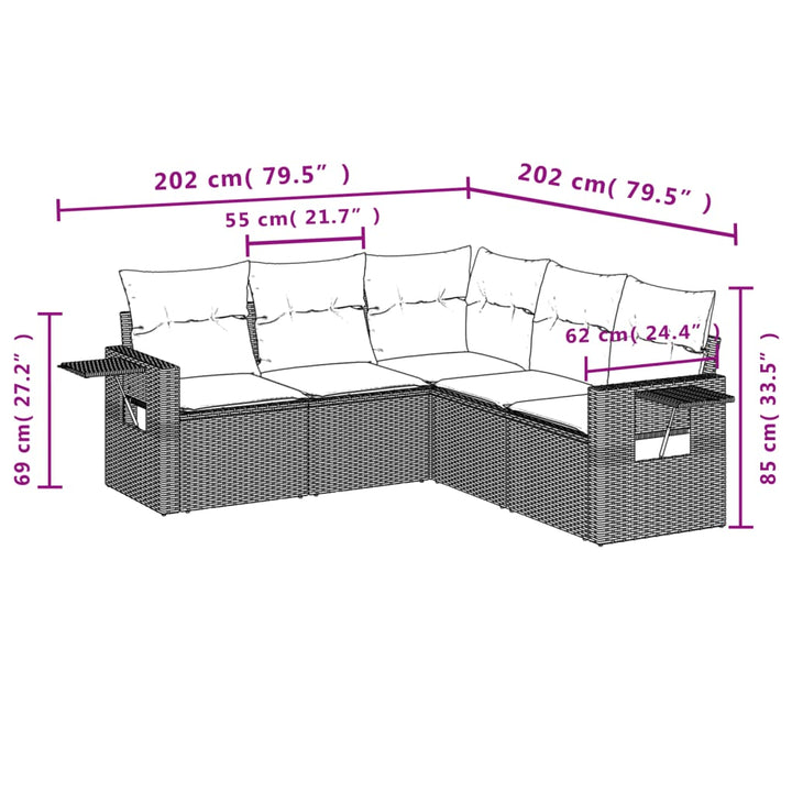 sofasæt 5 dele med hynder polyrattan grå
