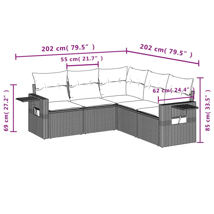sofasæt til haven 5 dele med hynder polyrattan brun