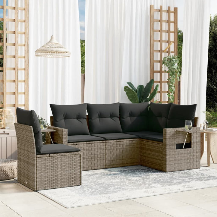 havesofasæt med 5 dele og hynder grå polyrattan