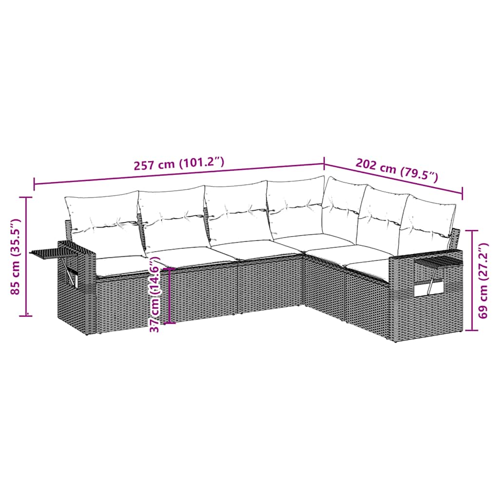 sofasæt til haven 6 dele med hynder polyrattan brun