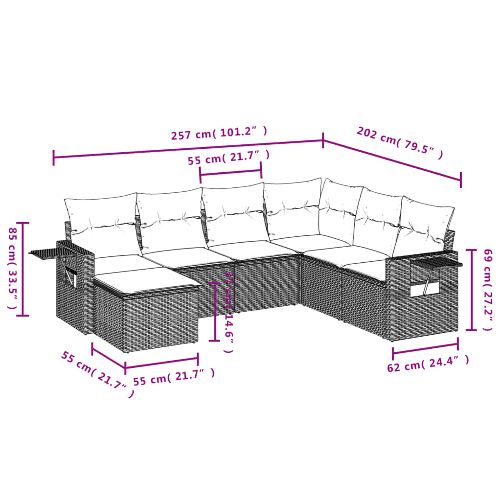 sofasæt til haven 7 dele med hynder polyrattan sort