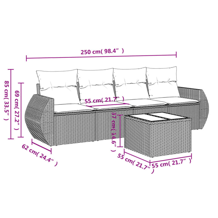 sofasæt 5 dele med hynder polyrattan grå