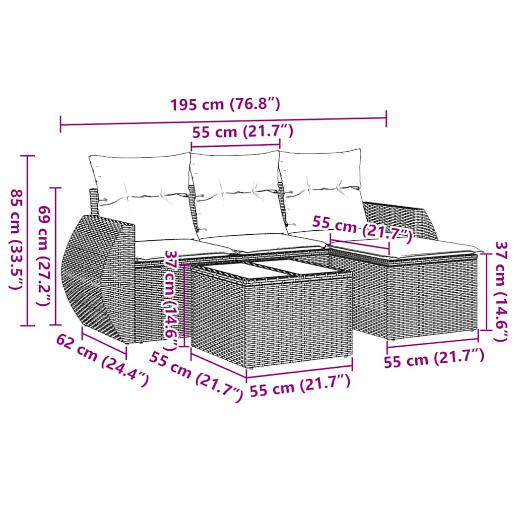 sofasæt til haven 5 dele med hynder polyrattan sort