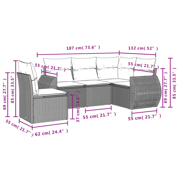 sofasæt 5 dele med hynder polyrattan grå
